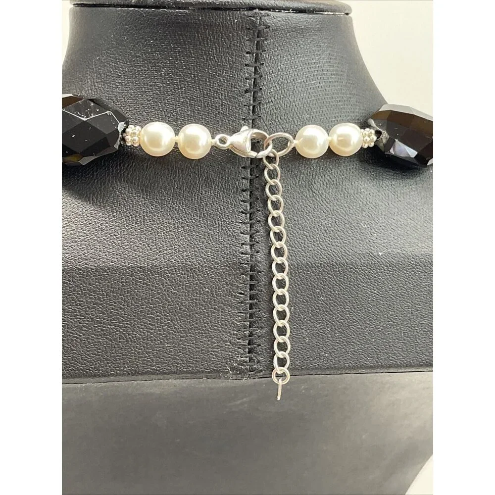 Lucas Lamenth black Faceted Glass Pearl Natural Stone Necklace LUC‎ 925 AL4.2